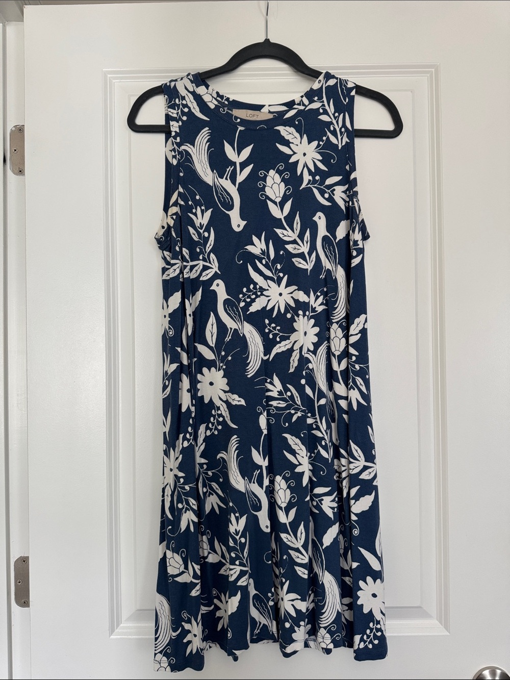 LOFT Navy Dress with White Botanical & Bird Print